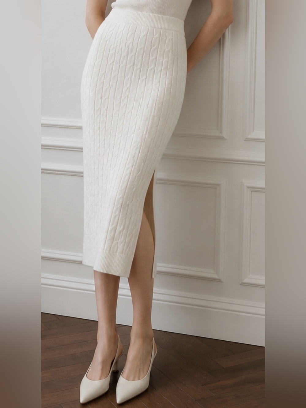 Shoe Dazzle Cream Cable-Knit Midi Skirt with Side Slit
